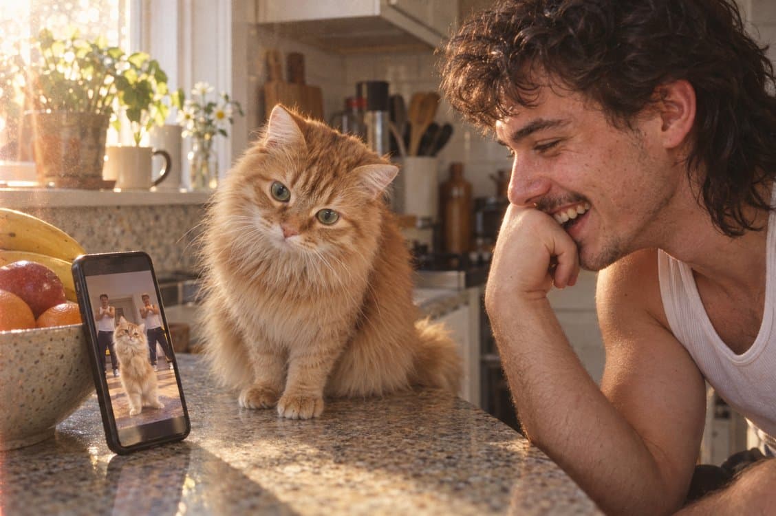 A cat watching its own dance video on a phone