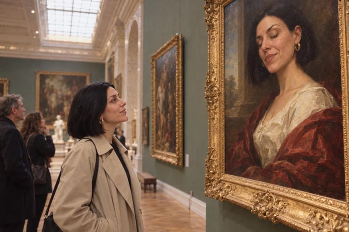 A woman facing a museum portrait of herself