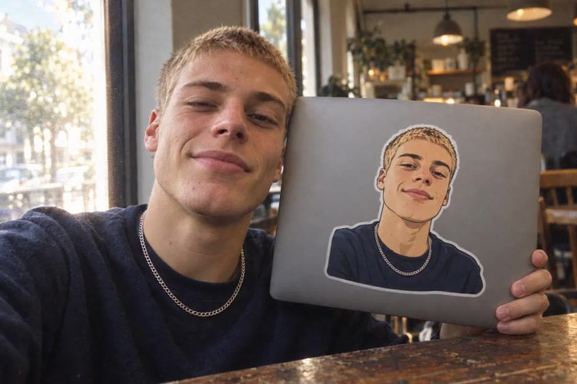 A man holding a laptop with a cartoon sticker of his face