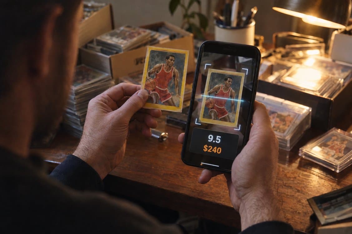 A phone scanning a basketball card and showing its grade and price