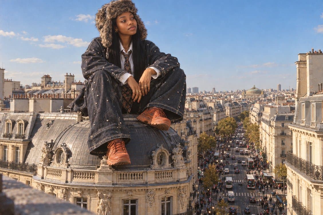 A selfie turned into a giant figure sitting on a Paris rooftop