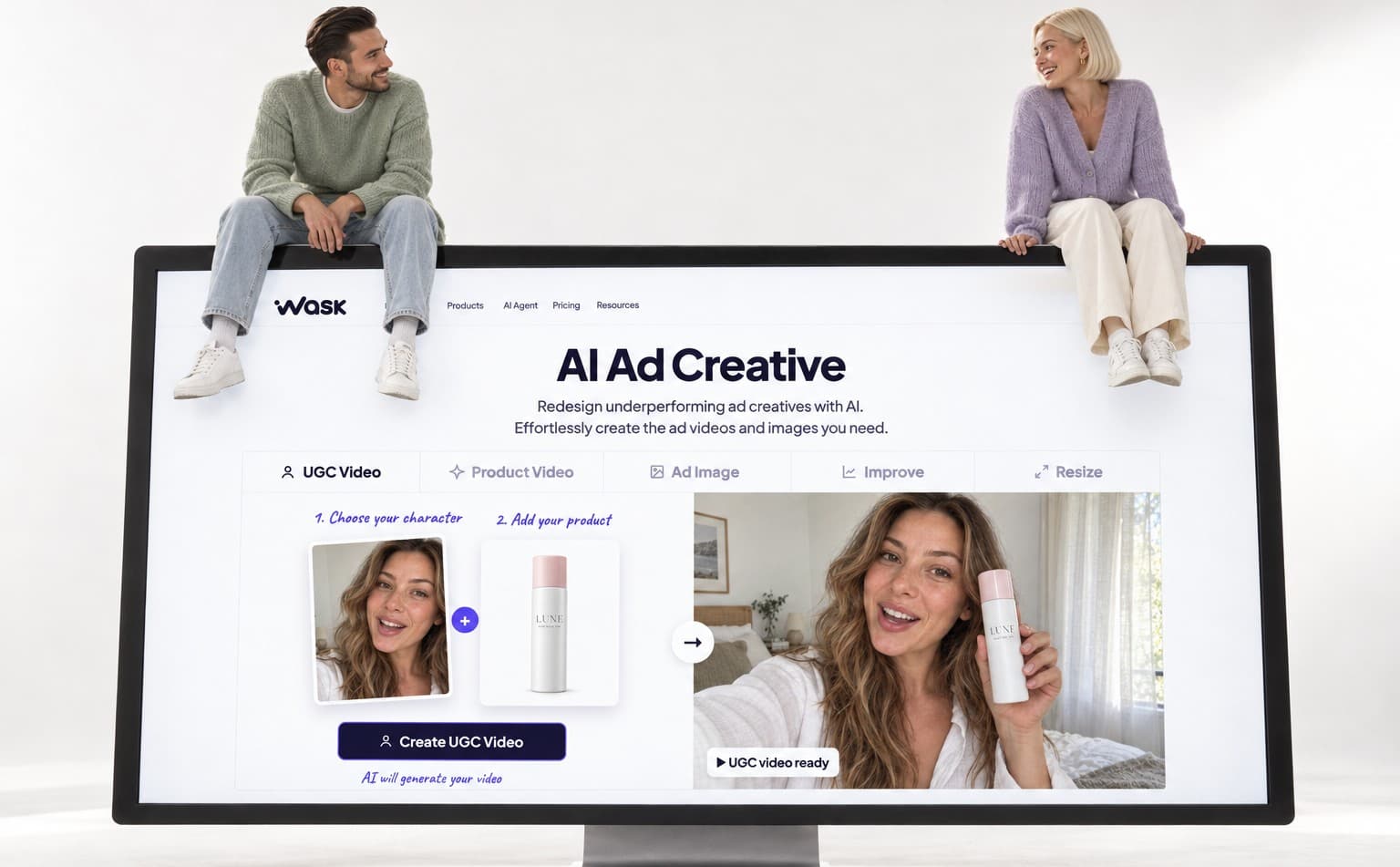 Wask’s AI Ad Creative screen turning a character and a product into a UGC video
