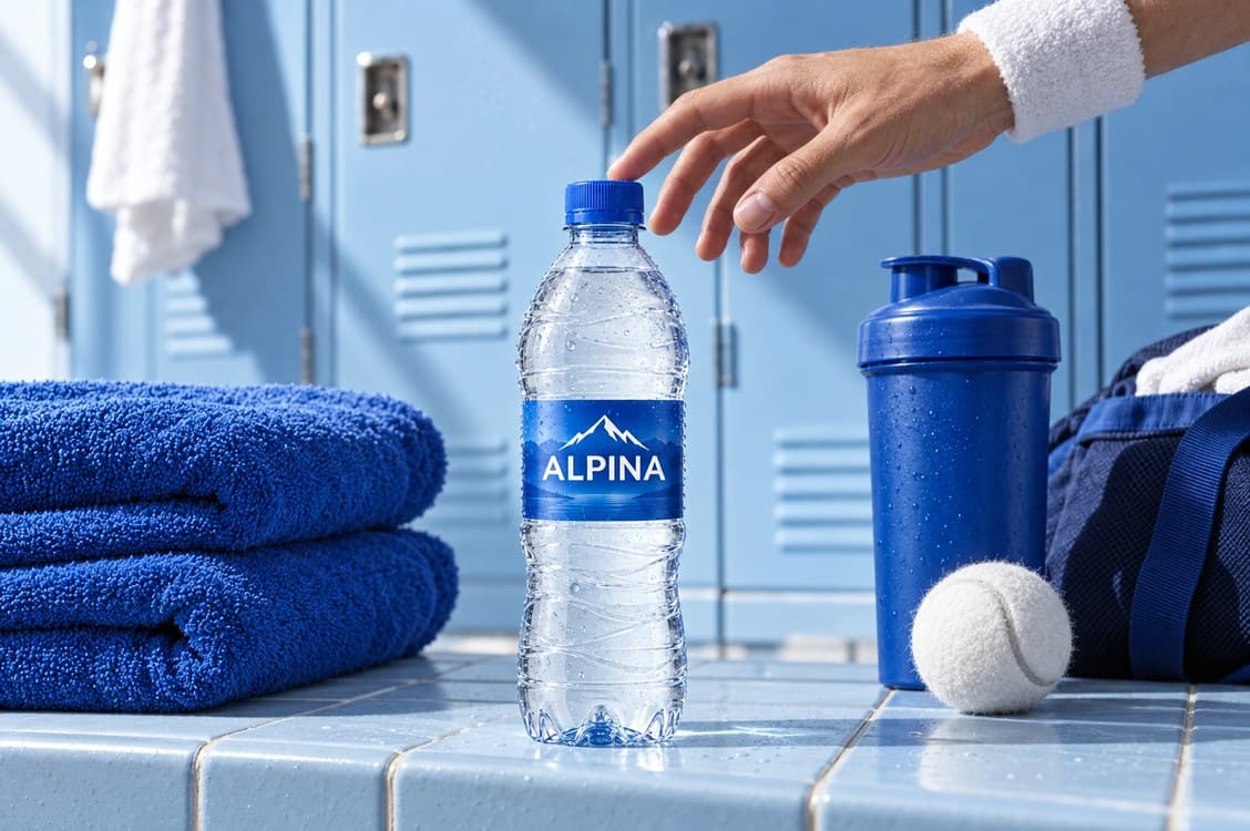 A water bottle shot in a locker room