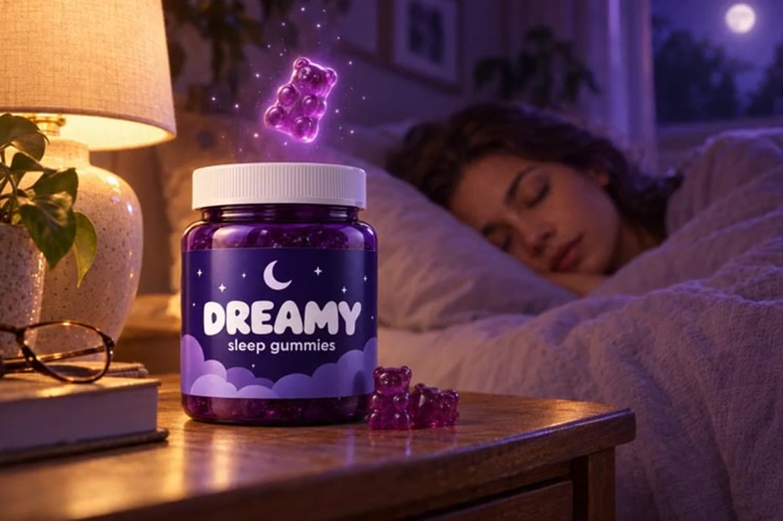 A jar of sleep gummies on a bedside table at night