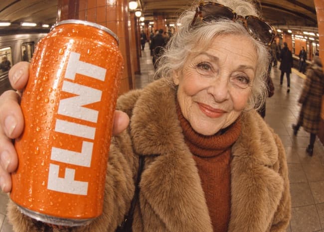A woman holding up an orange drink can