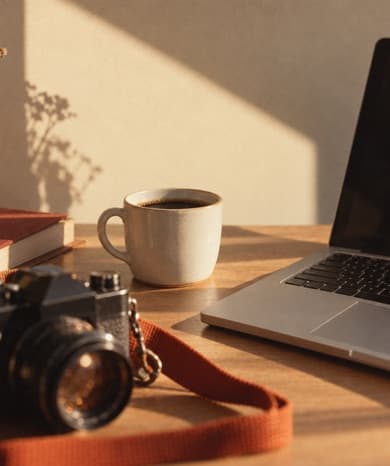Laptop, camera and coffee on a desk